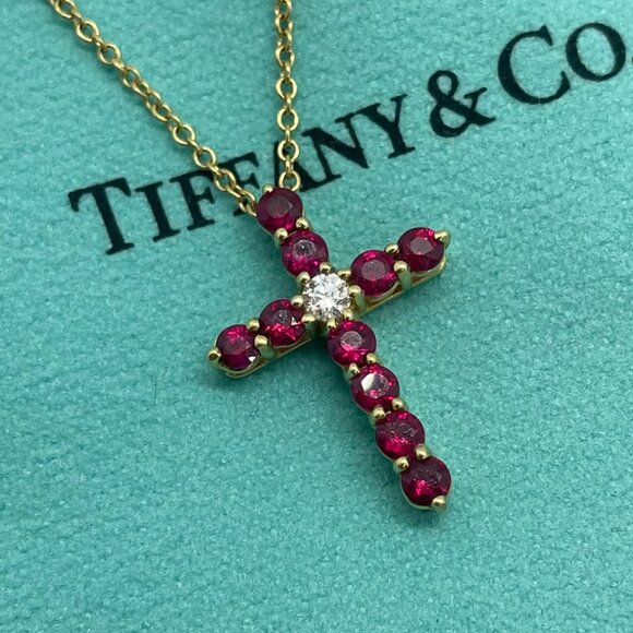 Tiffany & Co. 18k Yellow Gold Ruby Diamond Cross Pendant Necklace 16" - Picture 1 of 16